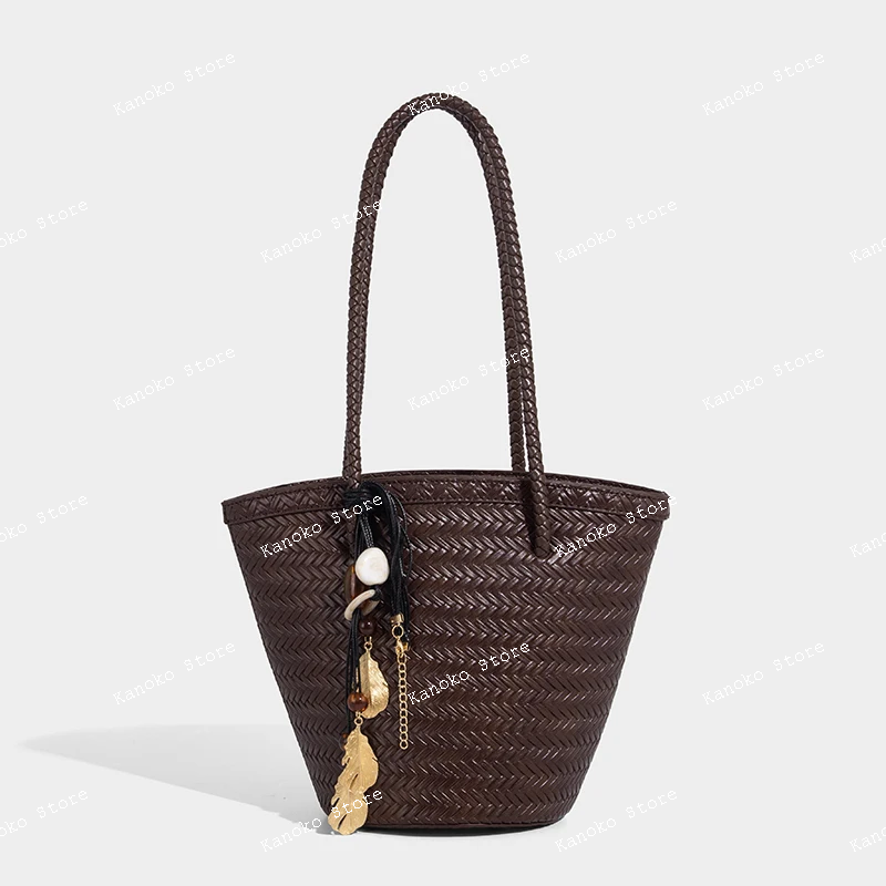 Luxurious Bag - weave drawstring bucket underarm bags for